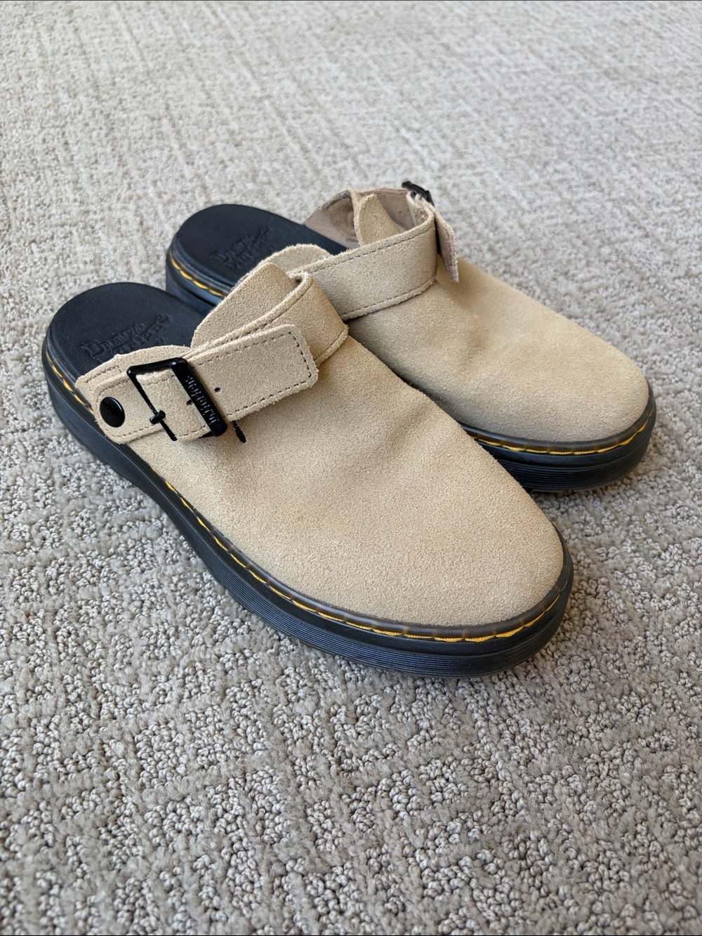 Dr. Martens Sand Suede Buckle Clogs with Black Sole